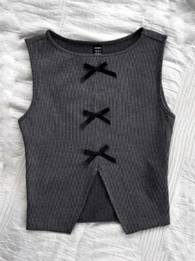 Soleia Damen Lässig Urlaubs-Jacquard Vintage zerrissenes graues gestreiftes Gewebe mit Front- und mittleren Schlitzen, Schleife verziertes Trägertop