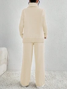 Chiquease Women's Solid Color Turtleneck Dropped Shoulder Long Sleeve Sweater And Knit Pants Set, Autumn Winter