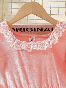 Girls Rose Embroidered Collar Short Sleeve A-Line Dress - Coral Pink - View 3