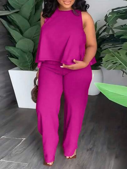 Slaydiva Plus Elegant Round Neck Sleeveless Loose Hem Cropped Top Straight Trousers Orange Women's Two-Piece Set,Holiday Outfits