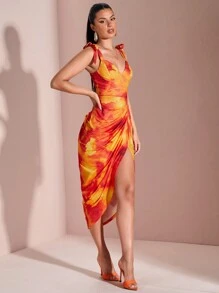 SHEIN BAE Váy nữ mùa hè màu vàng nhuộm xếp ly bất đối xứng xẻ cao cúp ngực nhuộm nơ - Màu Cam cháy - Xem 5