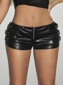 GloRilla x SHEIN ICON Y2k Black Tight Fit PU Low-Waist Decorated Ultra-Short Shorts Rave Festival Outfits