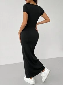 SHEIN PETITE Vestido de manga corta de corte ajustado con cuello redondo para uso diario en primavera y verano para mujer