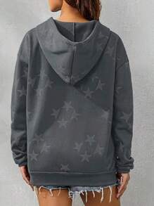 Rovax Plus Size Hooded Zipper Long Sleeve Star Print Loose Fall Sweatshirt, For Winter Graduation,Back To School Outfits,Graduation,Teacher Outfits For Women,Back To School Pullover Autumn
