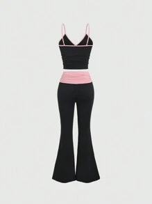 Sweetra Conjunto casual de 3 piezas con top corto de manga larga cuello redondo con ribete a color, camiseta interior y pantalón ancho de pierna plisada