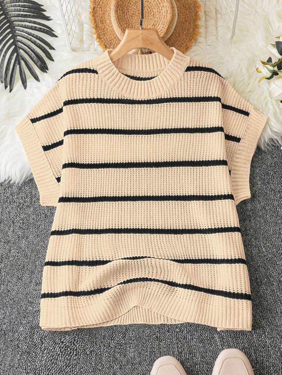 Calvaya Plus Size Striped Print Casual Daily Wear Short Sleeve Knit Top For Summer - Apricot - View 1