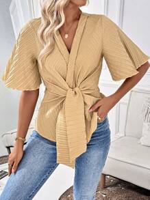 SHEIN LUNE Short Sleeve Solid Tie-Front Elegant Blouse For Summer - Khaki - View 6