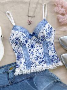 Soleia 女装初秋度假毕业季返校服秋装度假装可爱浪漫休闲甜美露胸款式蓝白花针织弹力蕾丝拼接吊带背心夏季上衣 - 彩色 - 查看 2