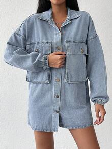 Cottnline Flap Pocket Drop Shoulder Denim Coat - Light Wash - View 5