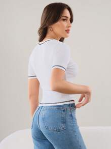 Mulvari 2pcs Contrast Stitch Rib-Knit Slim Fit Tee For Summer