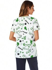 TaskEZ V 领短袖全身印花口袋制服磨砂上衣 - 綠色 - 查看 4