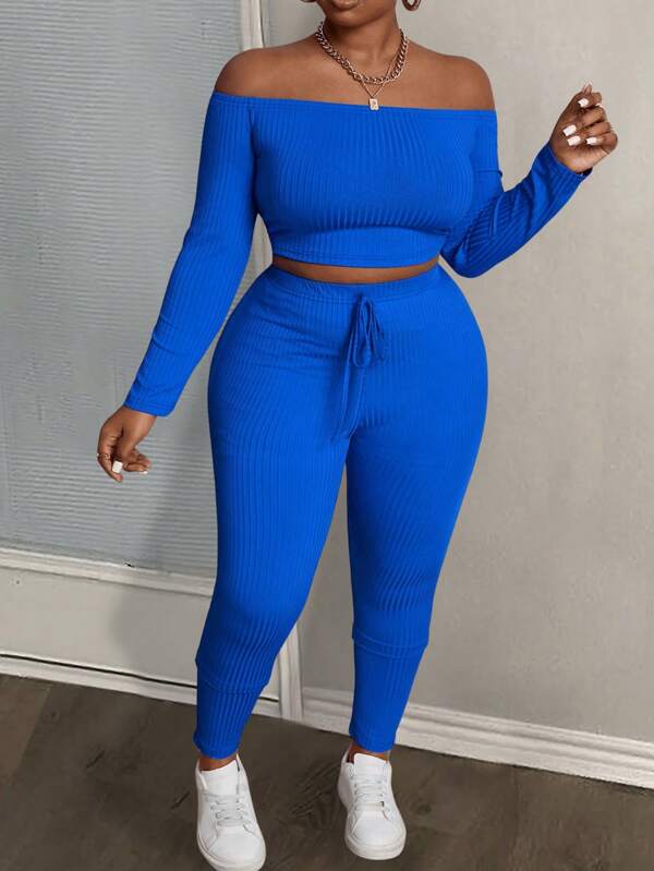 Slaydiva Set de 2 bucăți, de damă, de mărime mare, un top decupat și cu umăr deschis, cu textura solidă, cu umăr galben, primăvară/toamnă