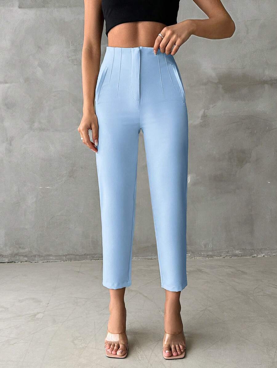 Women's Solid Color High Waist Straight Casual Cropped Trousers - Blue - View 1