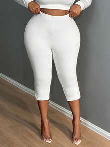 SHEIN SXY Women Plus Curve  Solid Split Cropped Leggings, Casual Elastic Waist Every Day Stretchy Leggings