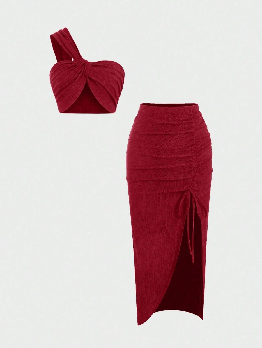 Sweetra 2pcs/Set Summer Sexy Asymmetrical Shoulder Crop Top And Ruched Slit Wrap Skirt For New Year Clothes - Red - View 1