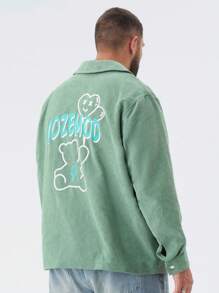 Manfinity NXTstreet Plus Size Men's Casual Printed Bear Pattern Loose Fit Drop Shoulder Turndown Collar Long Sleeve Jacket, Suitable For Spring-Autumn