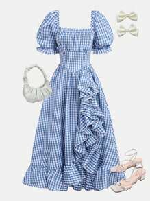 SHEIN Váy mini tay phồng viền bất đối xứng cho cô gái tuổi teen dệt kẻ sọc giản dị - Màu xanh lam - Xem 1