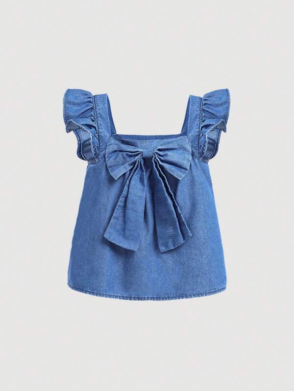 SHEIN Teenager Mädchen Sommer Urlaub Rüschen Schleife Süße Ausschnitt Denim Bluse, Schulanfang Kleidung Outfit