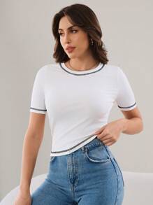 Mulvari 2pcs Contrast Stitch Rib-Knit Slim Fit Tee For Summer