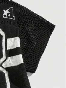 ROMWE MEN Street Life Men's Casual Color-Block Striped Digital Pattern Hollow Knit Sweater, Spring/Summer - Black - View 5