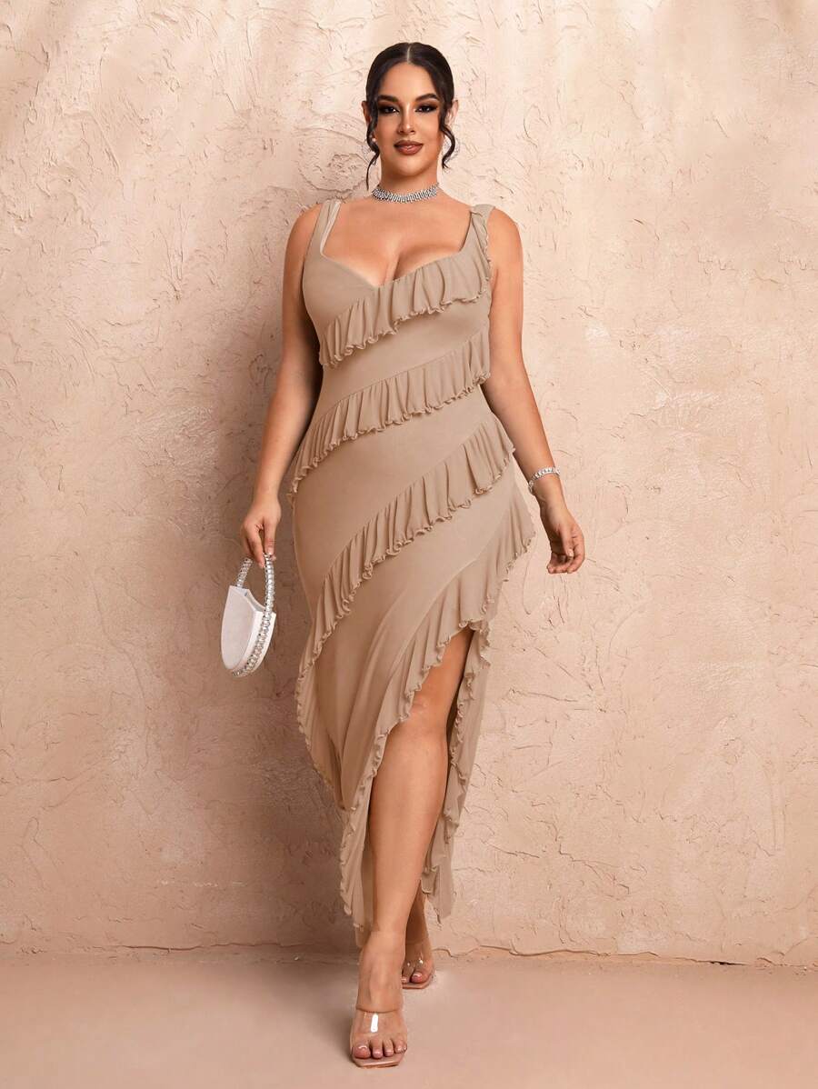 SHEIN BAE Plus Size Women's Sling Ruffled Slit Elegant Fashion Long Dress