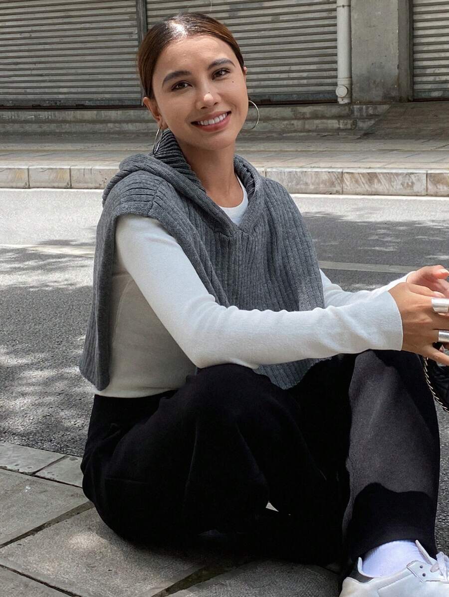 DAZY Top corto de punto con capucha de unicolor para primavera y otoño - Gris - Ver 1