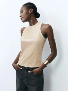 Maija Top sin mangas con cuello de halter para mujer, de diseño sencillo y de unicolor versátil para uso casual, fiesta, uso diario, elegante, adecuado para primavera/verano, atuendos de discoteca, San Patricio, Pascua y festivales de primavera