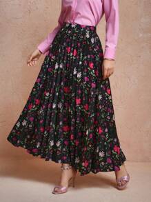 Miriam Omar Falda elegante plisada con estampado floral bohemio y de diseñador, para vacaciones, fiestas, vacaciones, Año Nuevo, San Valentín, primavera, festivales - Negro - Ver 6