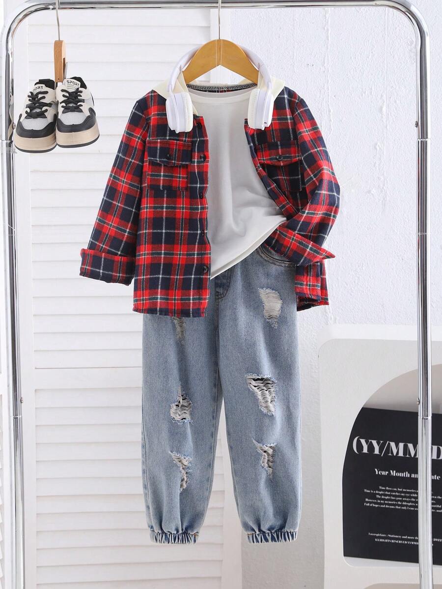 SHEIN 2 piezas/Set camisa con capucha a cuadros y pantalones de jean para niño joven - Rojo - Ver 1