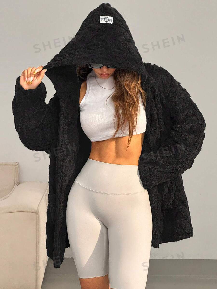 SHEIN EZwear Abrigo con capucha de manga larga informal y amplio con parche de pelusa blanca caída de hombros y bolsillos para el invierno