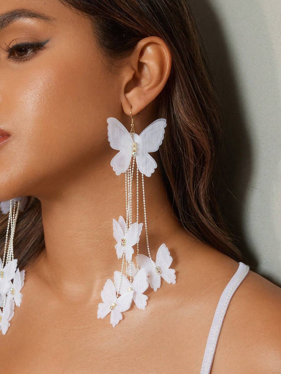 SHEIN SXY 适合日常佩戴的蝴蝶设计吊坠耳环 - 白色 - 查看 1