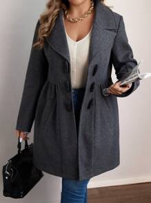 Calvaya 大码复古领口纽扣前腰大衣 - 灰色 - 查看 4