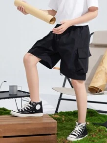 SHEIN Tween Boys' Loose Casual Solid Color Cargo Shorts, Cheap, Suitable For Commuting, School, Daily Wear, Vacation, Travel, Sports, Autumn And Winter Seasons - Black - View 2