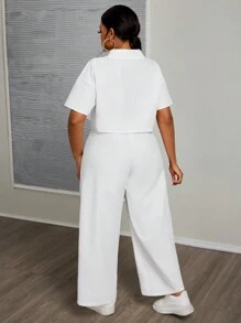 Slaydiva 大码女式休闲和工作服绿色衬衫和长裤两件套带口袋 - 白色 - 查看 2