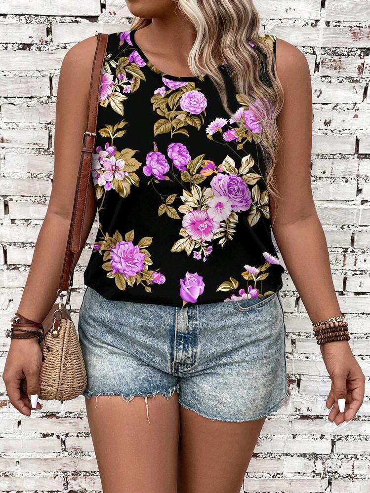 EMERY ROSE Camiseta de tirantes de corte ajustado con cuello redondo y estampado floral retro, para mujer de talla grande, verano - Negro - Añade 3