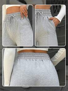 SHEIN Tall Cotton Tall Drawstring Waist Wide Leg Pants - Grey - View 7