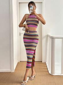 SHEIN Essnce 2pcs/Set Women Summer Casual Sleeveless Halter Top And Mini Skirt Co-Ord Set - Multicolor - View 6