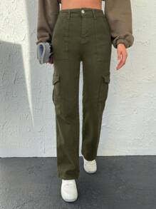 Women's Cargo Denim Pants With Pockets - Khaki - View 4