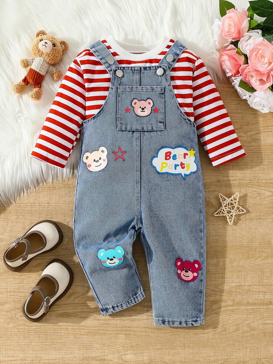Toddler Casual Striped Top And Denim Outfit - Medium Wash - View 1
