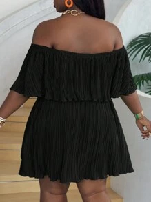 Slaydiva Vestido verde holgado de tela plisada con cuello de volantes y hombros descubiertos en talla grande - Negro - Ver 2