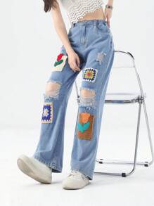 Teen Girls' Retro Heavy-Duty  Distressed Jeans With Personalized Design Knitted Crochet Colorful Decoration - Light Wash - View 3