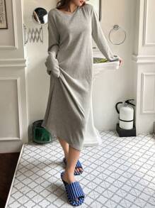 DAZY Knit Ribbed Casual Brushed Loungewear Dress, Pajama, Cozy Outfit, Fall & Winter, Moo Moo Night Dress - Grey - View 5
