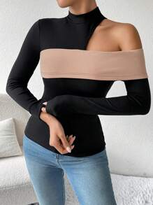 Chiquease 女士拼色露肩长袖圆领休闲衬衫 - 彩色 - 查看 7