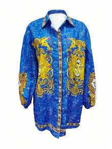 女士度假风格花卉印花长袖衬衫 - 彩色 - 查看 3