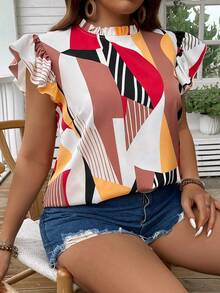 SHEIN LUNE 大码荷叶边印花衬衫，休闲日常穿着 - 彩色 - 查看 4