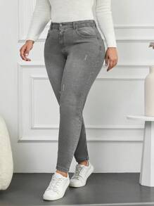 RueChic 大尺碼高腰水洗緊身牛仔褲 - 淺灰色 - 查看 6