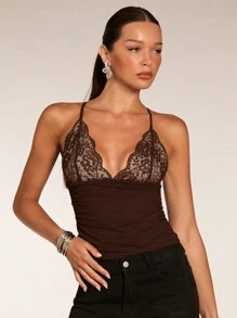 SHEIN BAE 夏季女士度假维多利亚撞色蕾丝白色束身胸衣，外出上衣，锐舞音乐节，婚礼宾客夏季装扮，夏季背心 - 咖啡棕 - 查看 4