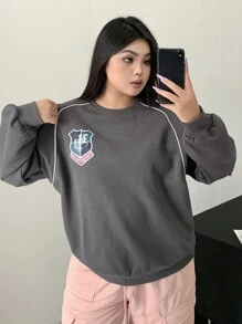 Dazy Petite Plus Moletom Solto com Decote Careca, Bordado, Bloco de Cores em Cor Sólida, Plus Size, Roupas de Outono - Cinza - Visão 5