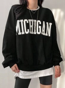 DAZY 女式超大圆领大字母印花卫衣，秋季，黑色卫衣，秋季女装 - 黑色 - 查看 3