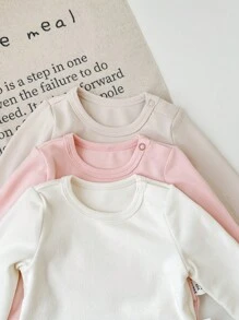 SHEIN 3pcs/Set Newborn Baby Girl Cute All-Match Casual Versatile Soft Knit Stretchy Solid Color White Pink Apricot Long Sleeve Top Outfit, Autumn - Multicolor - View 5